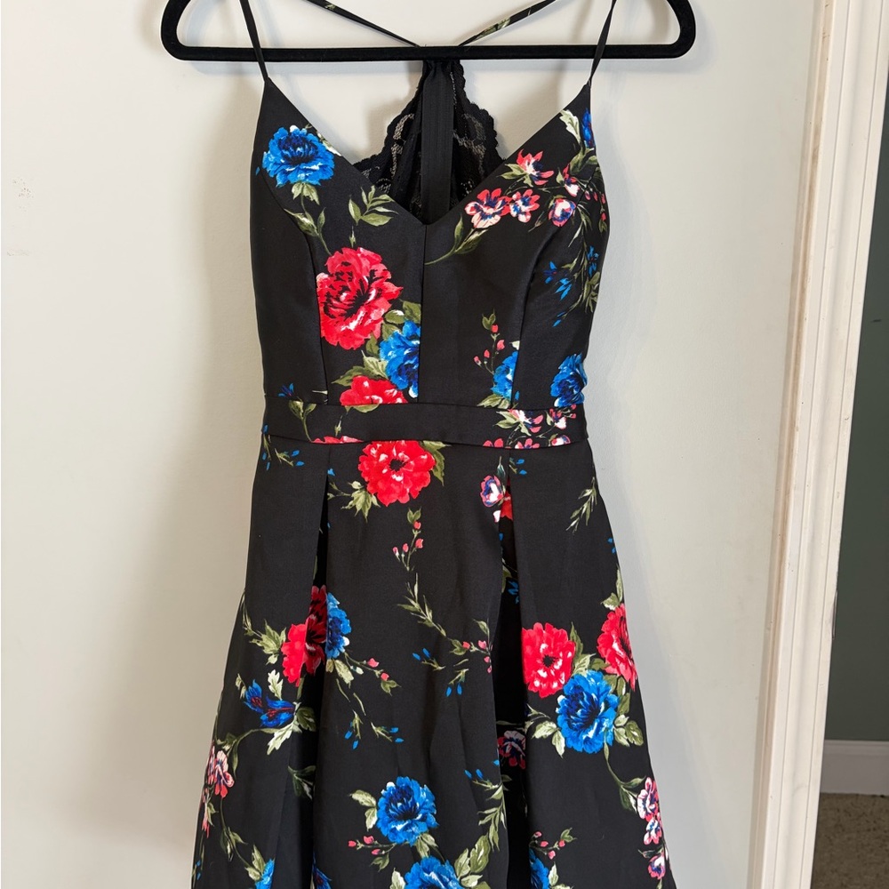 B. Smart Formal  Black Dress with Red and Blue Floral Design
